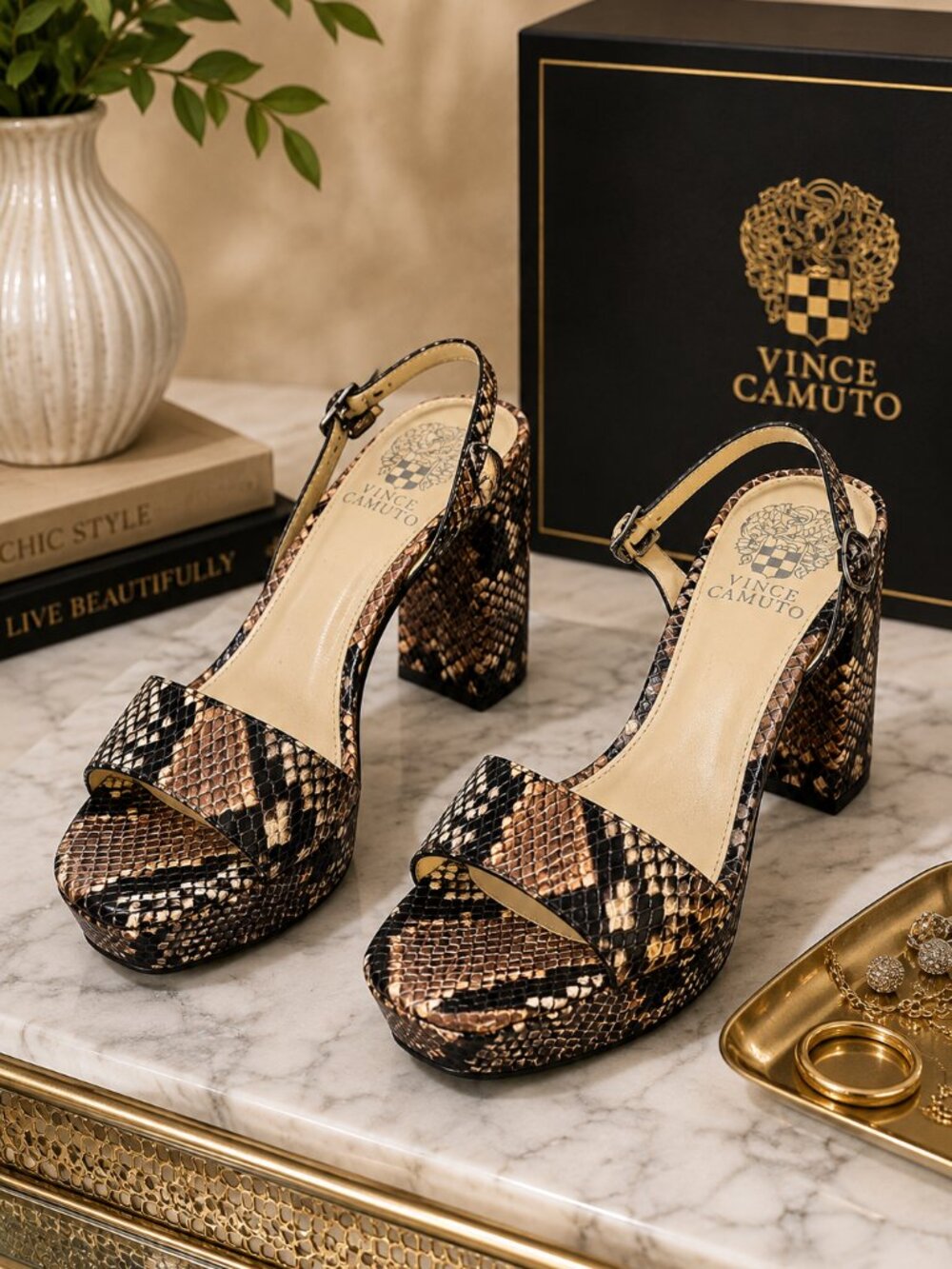 Vince Camuto Snake Print Platform Block Heel Slingback Sandals Size 8M